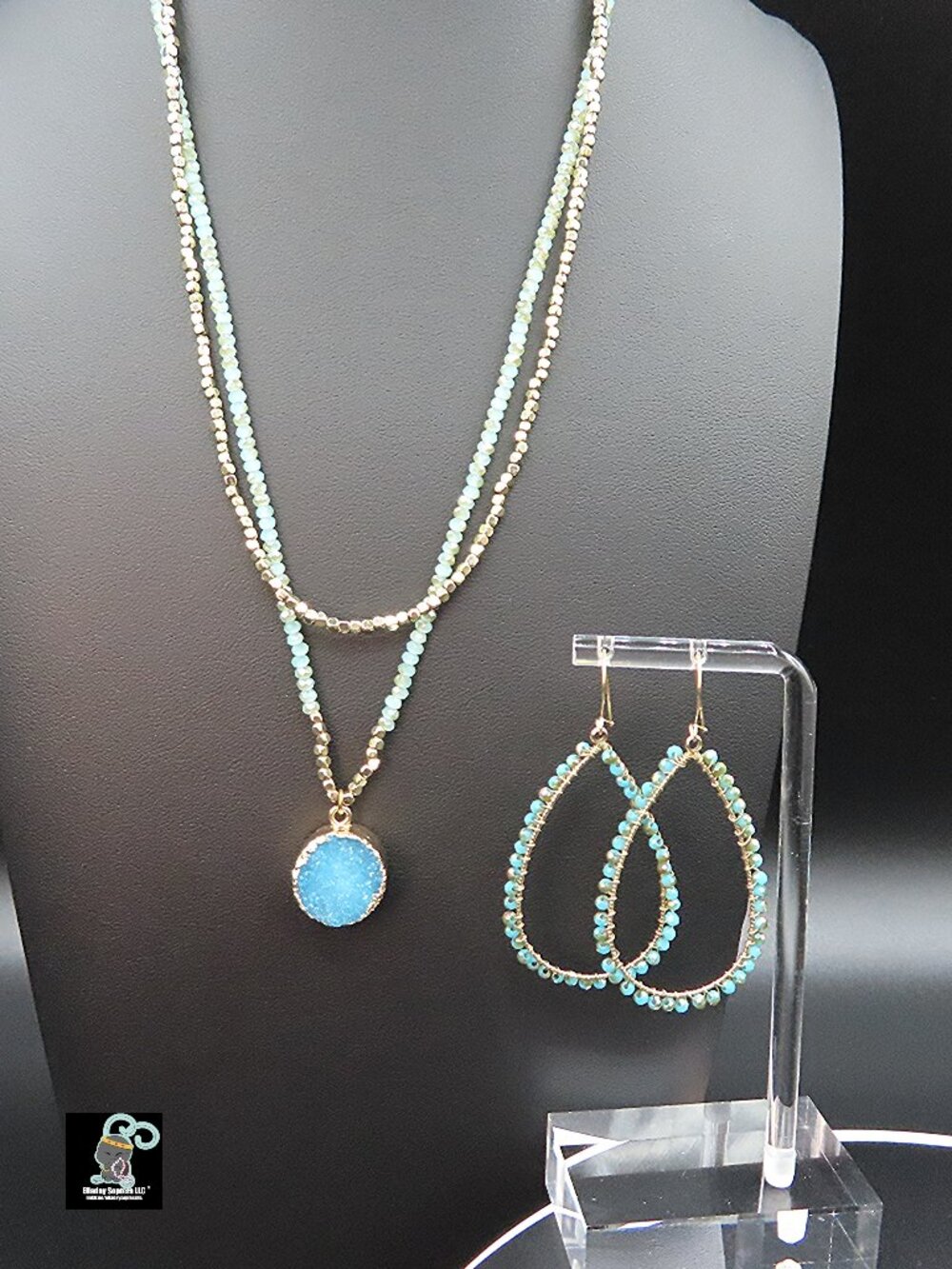 Faux Druzy Pendant Two Stranded Beaded Necklace and Beaded Earrings
